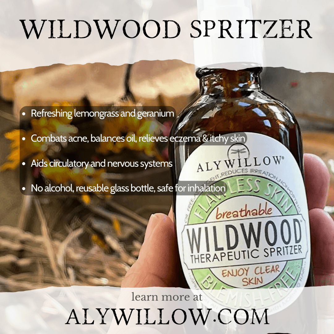 Hand holding a bottle of Wildwood Spritzer, highlighting its skin benefits, anti-acne properties, and natural ingredients.