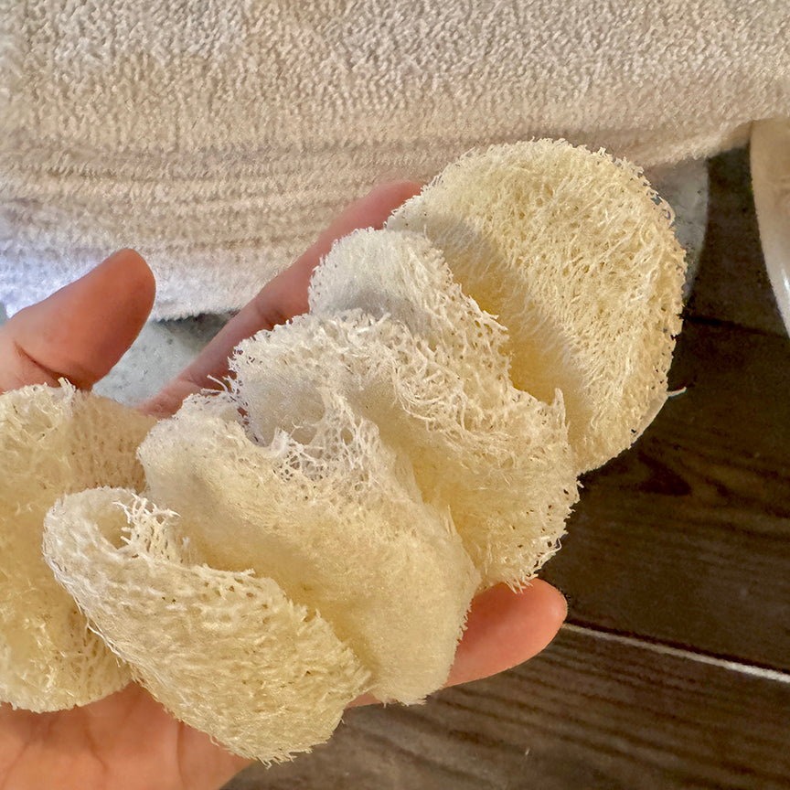 Hand holding a natural loofah sponge with a towel in the background