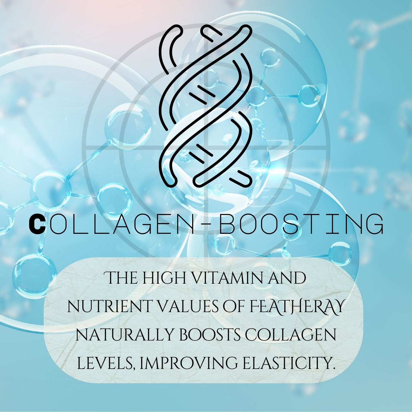 Collagen-boosting text with a collagen molecule icon on a light blue background