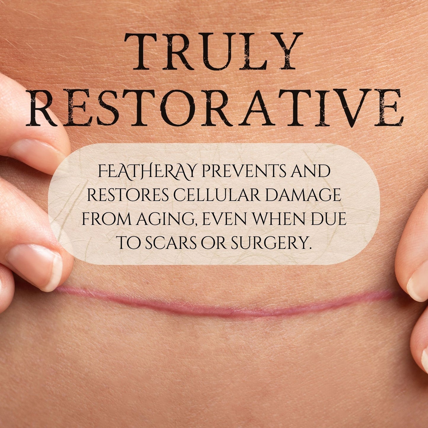 Advertisement for Featheray product showing a scar with text about its restorative properties.