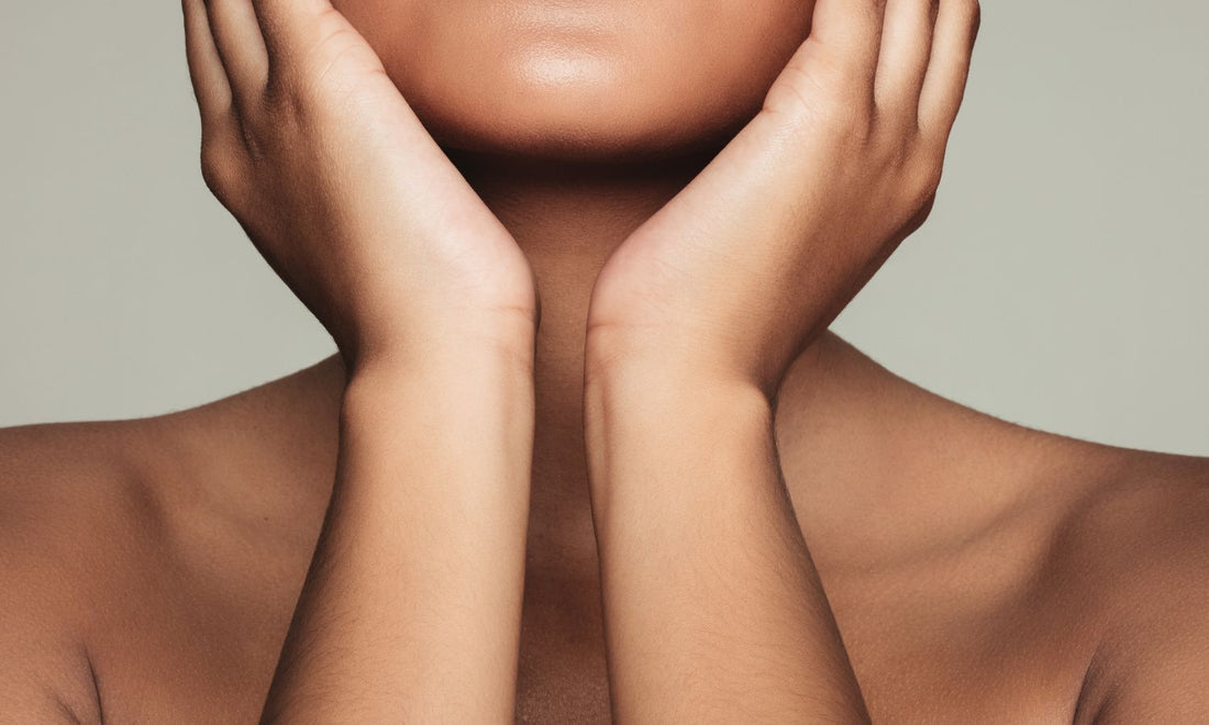 chin, hands, arms, and shoulders showing lots of skin