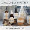 Dragonfly Spritzer bottles with benefits highlighted: sweet scent, skin health, mood support, and stress relief.