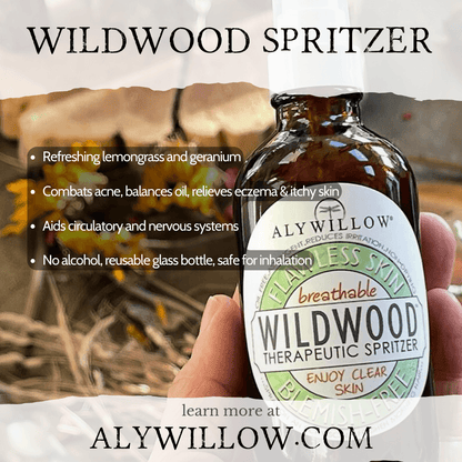 Hand holding a bottle of Wildwood Spritzer, highlighting its skin benefits, anti-acne properties, and natural ingredients.