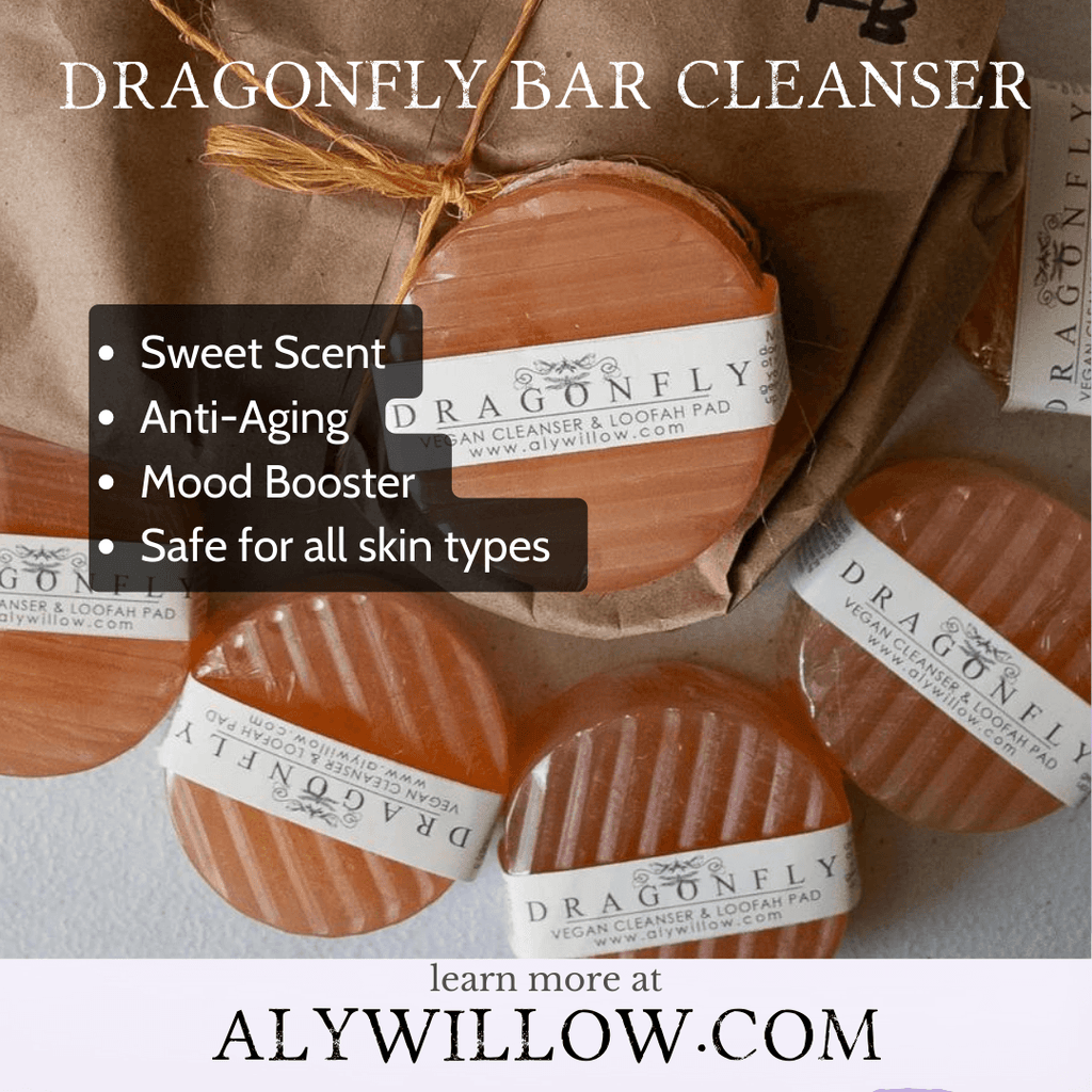 Image of packaged Dragonfly Bar Cleansers highlighting their sweet scent, anti-aging benefits, and mood-boosting properties.