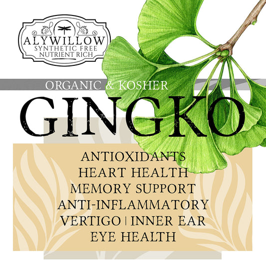 Alywillow Gingko product with green leaves and health benefits listed on a white background