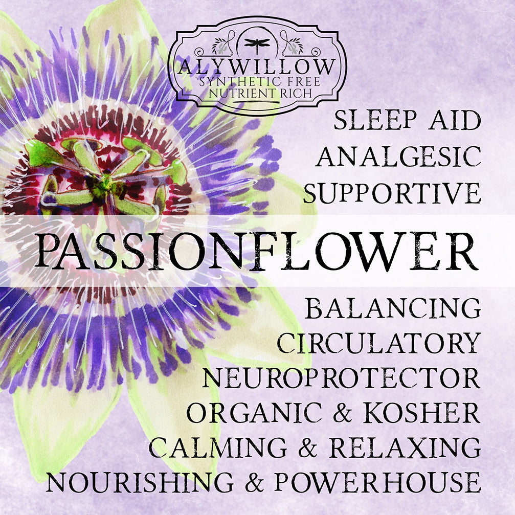 Passionflower with text about its benefits and brand on a purple background