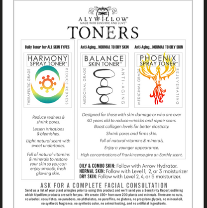 Aly Willow Toners product line with descriptions and branding.