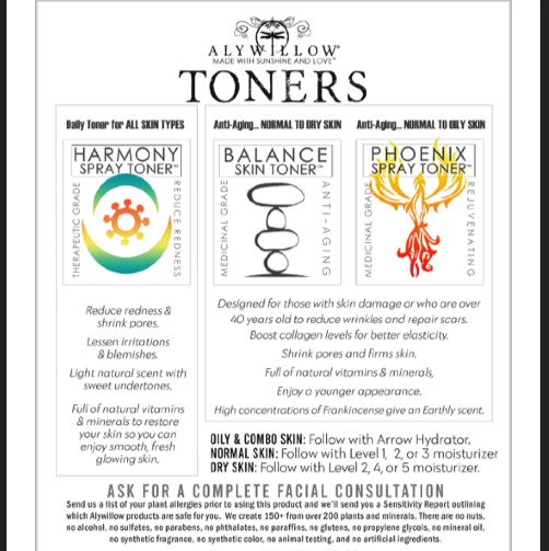 Aly Willow Toners product line with descriptions and branding.
