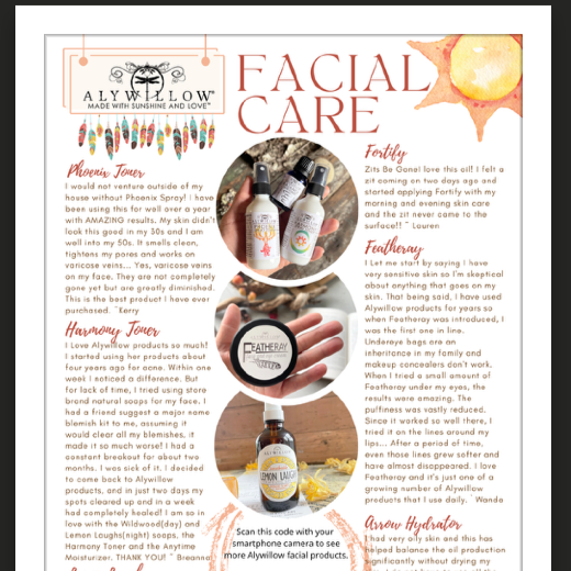 Alywillow facial care product flyer with text and images of products.
