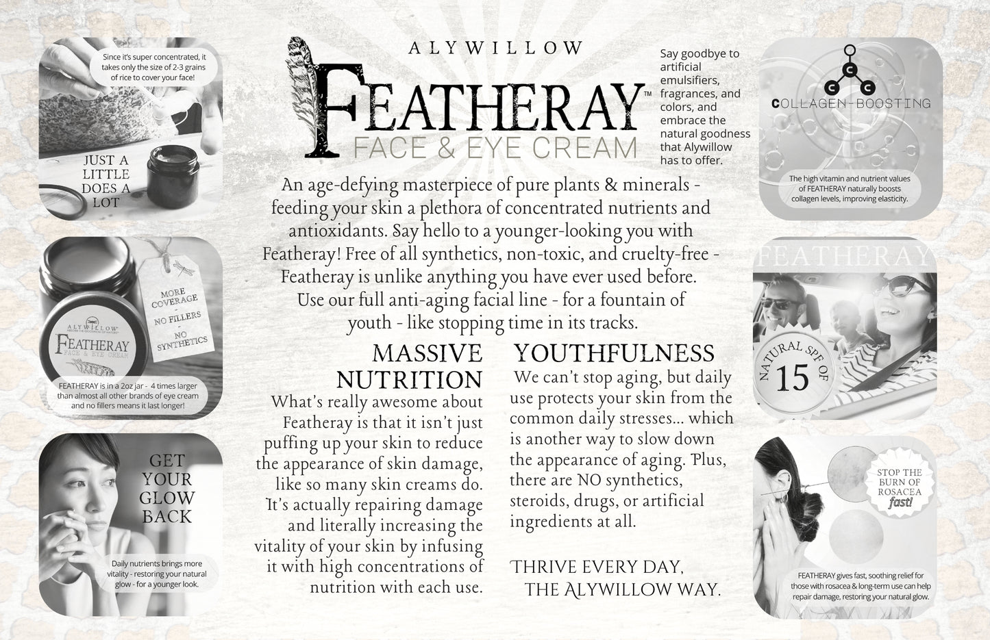 Advertisement for Aly Willow Featheray Face & Eye Cream with product packaging and text.