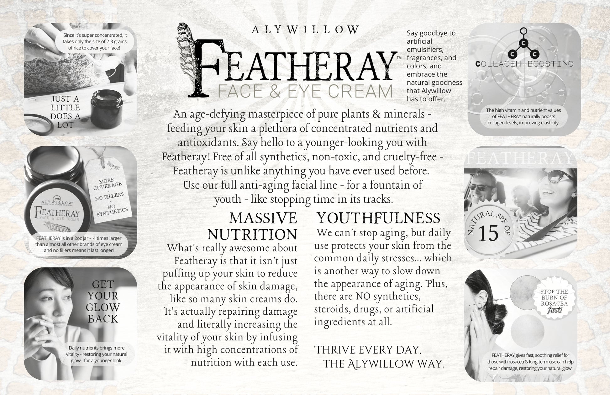 Advertisement for Aly Willow Featheray Face & Eye Cream with product packaging and text.