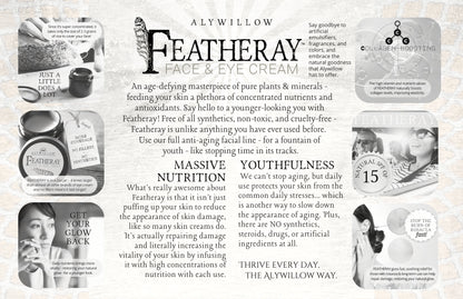 Advertisement for Aly Willow Featheray Face & Eye Cream with product packaging and text.