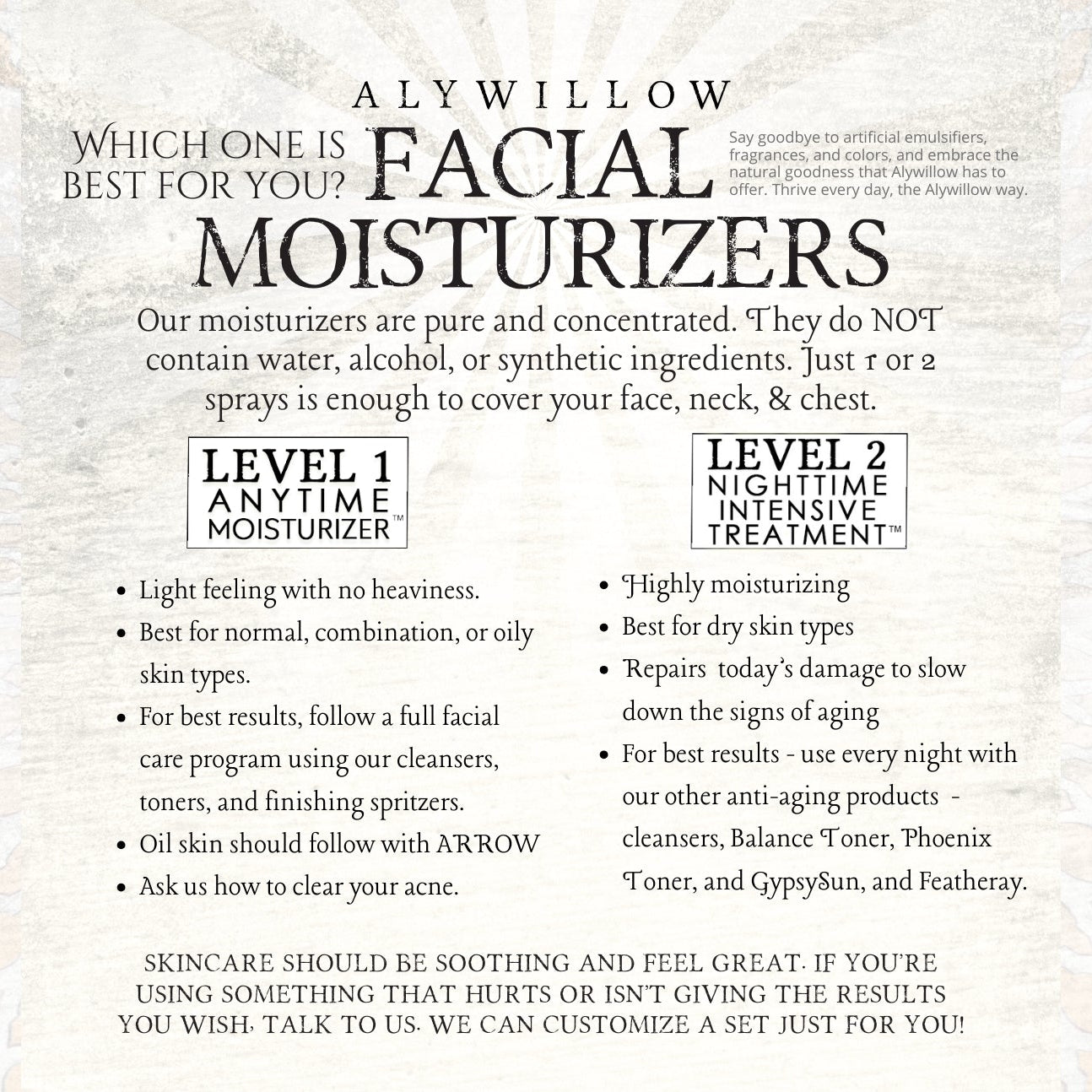 Advertisement for Alywillow facial moisturizers with product descriptions on a textured background.