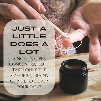 Person applying a cosmetic product with text about its concentrated nature