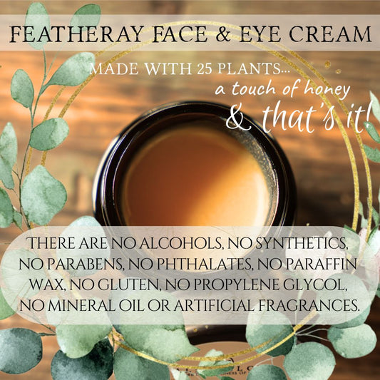 Featheray Face & Eye Cream jar with greenery and text about ingredients on a wooden background