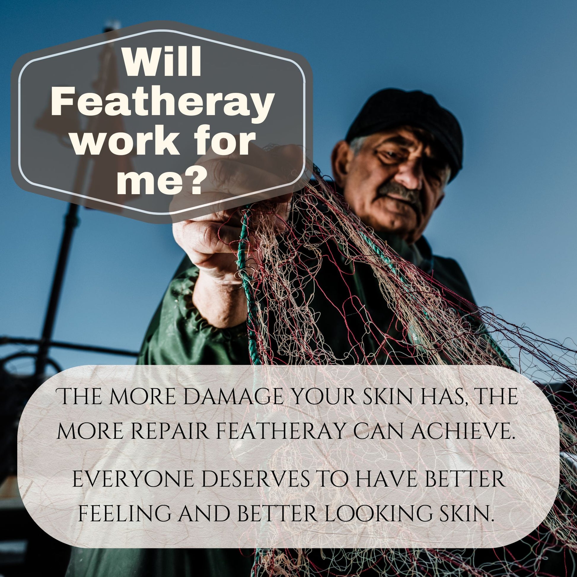 Man holding fishing net with text overlay about Featheray product.