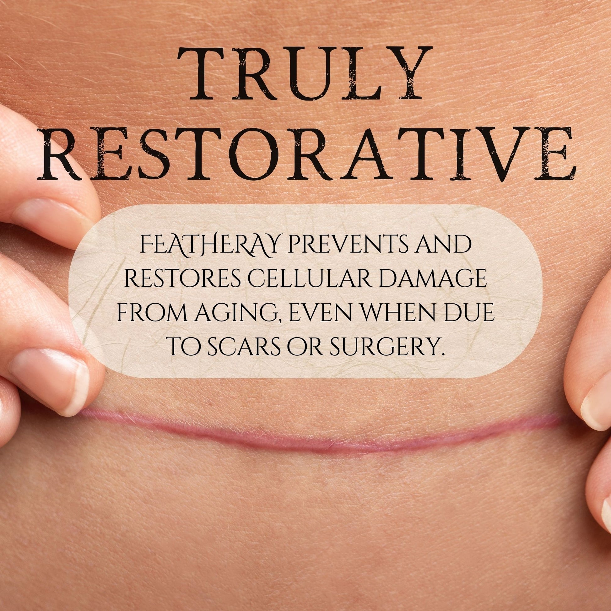 Advertisement for Featheray product showing a scar with text about its restorative properties.