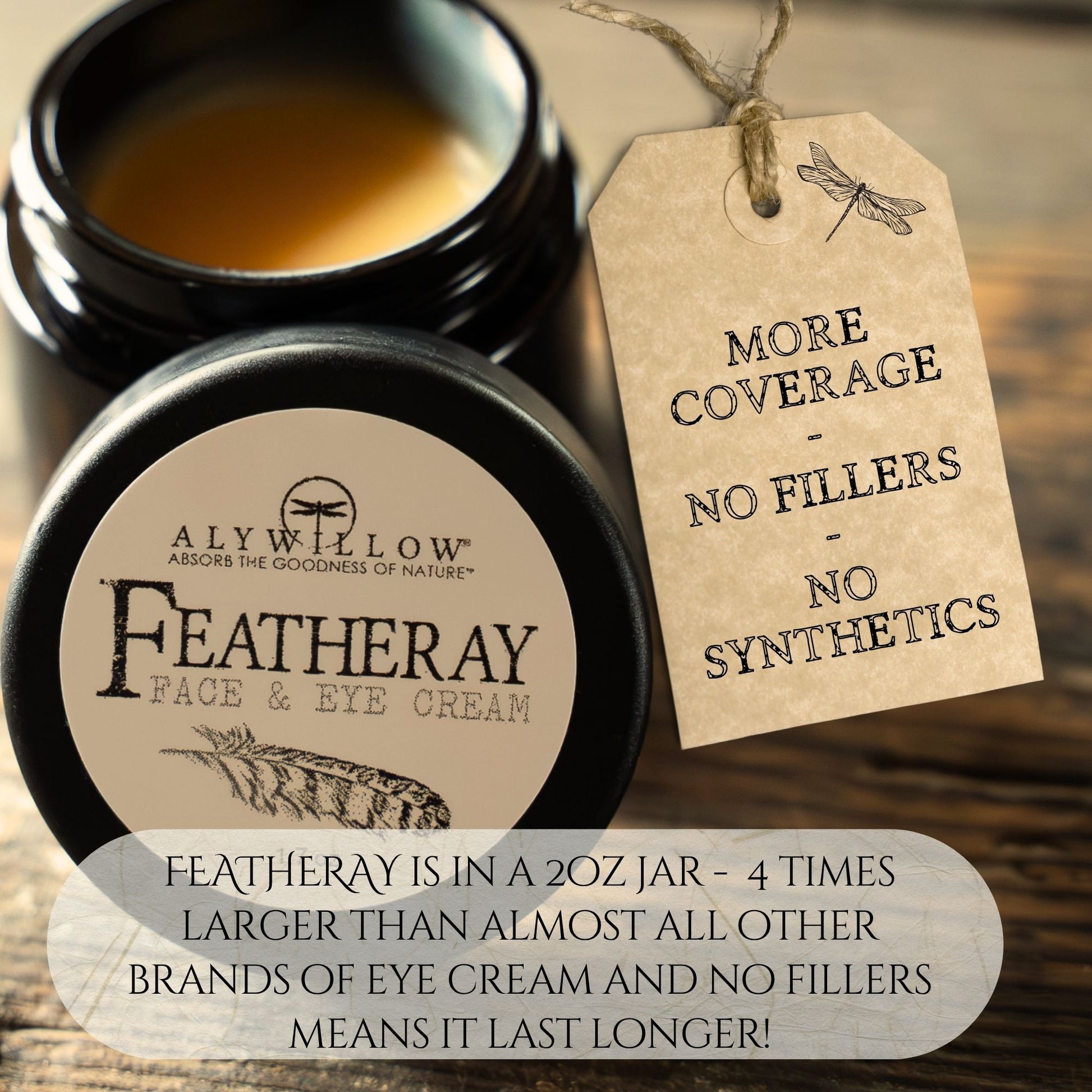 Alywillow Featheray Face & Eye Cream jar with a tag highlighting product features on a wooden surface.