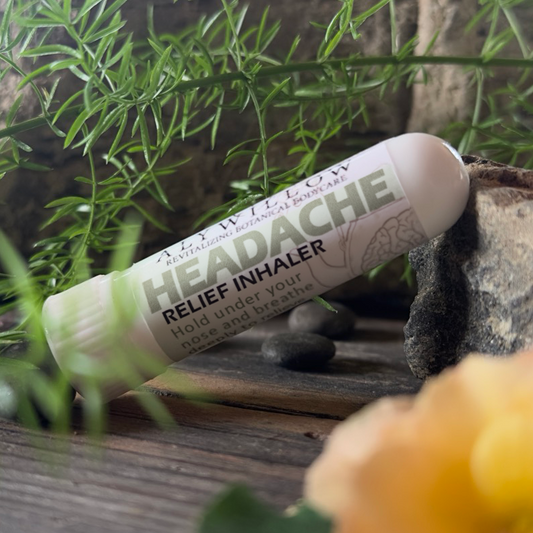 Headache relief inhaler with natural elements in the background