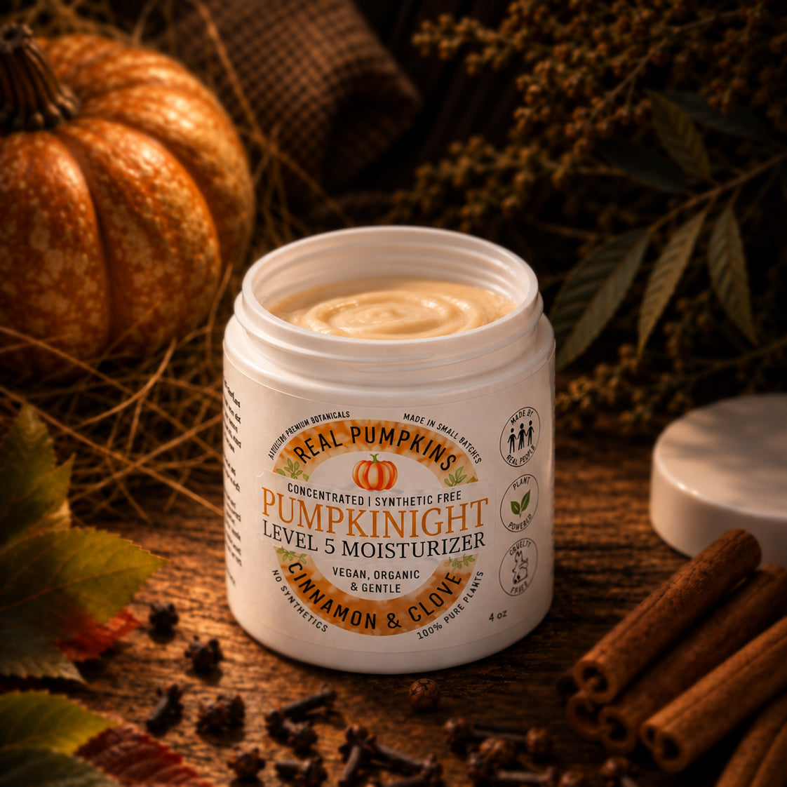 Alywillow's pumpkinight level 5 moisturizer on a dark fall them background