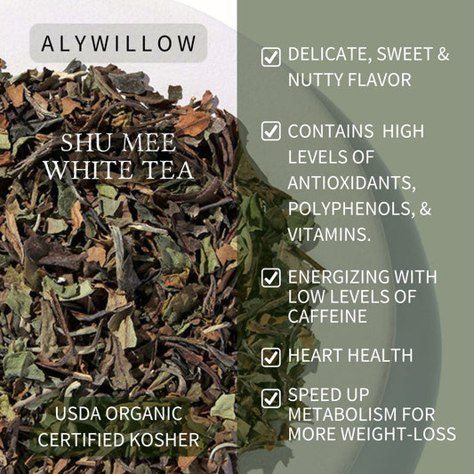 A pile of dried herbs labeled as Shu Mee White Tea, with a description of the tea's flavor and nutritional benefits, plus a label indicating it is USDA organic and certified kosher.
