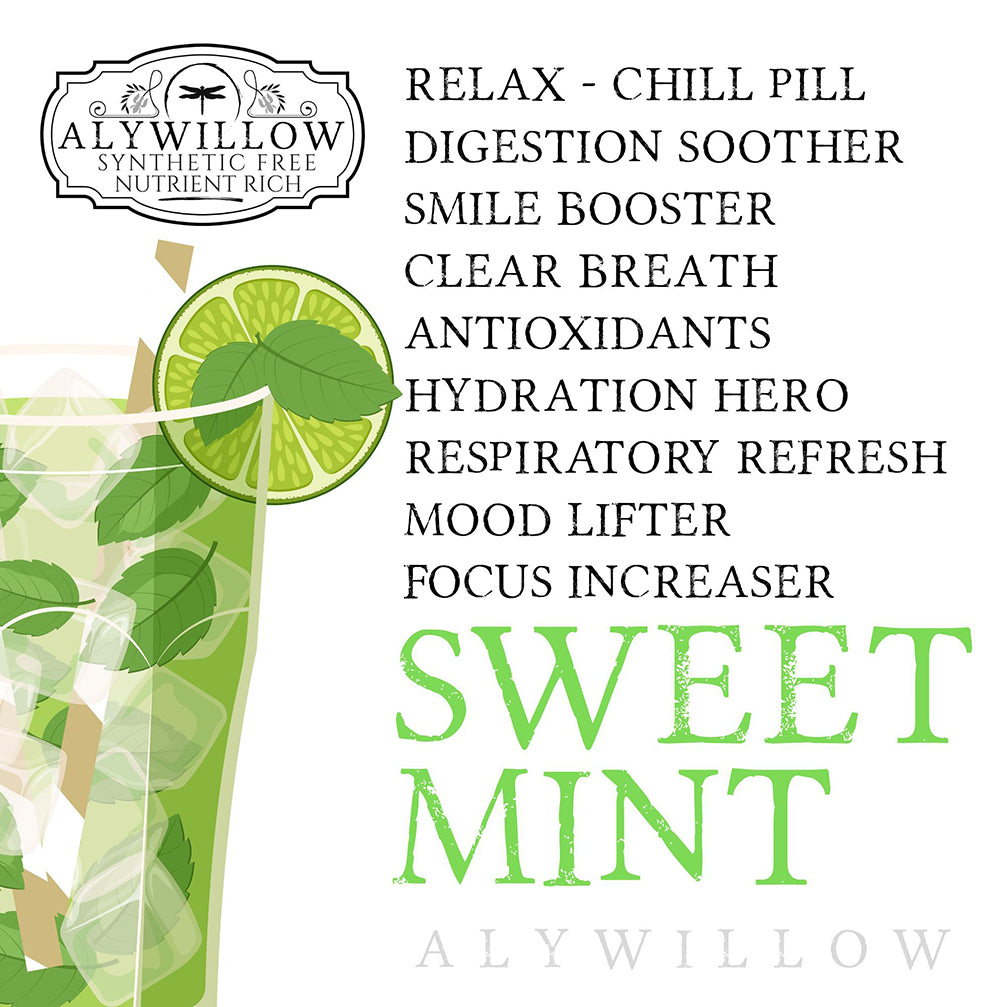 Alywillow Sweet Mint product with lime slice and mint leaves on a white background