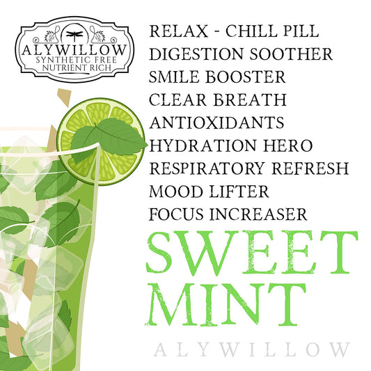 Alywillow Sweet Mint product with lime slice and mint leaves on a white background