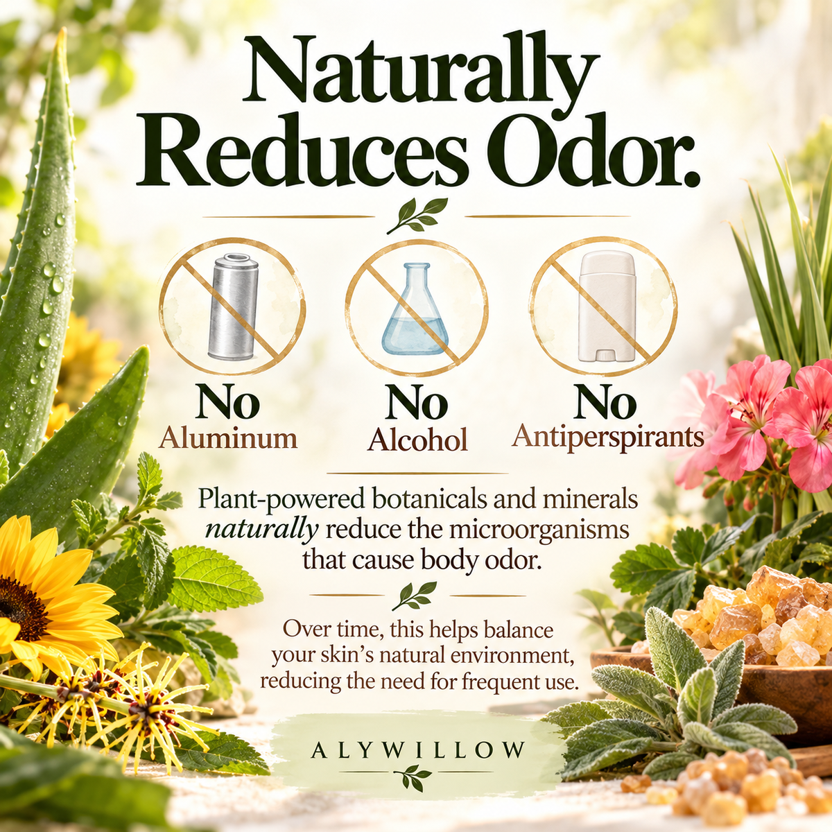 Reduces Odor no alcohol no aluminum no antiperspirants