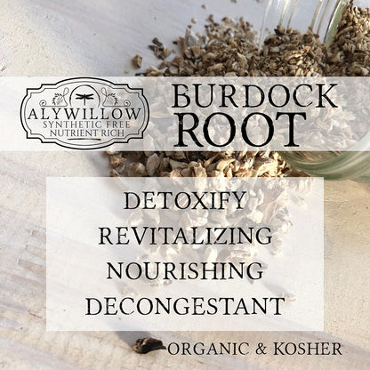 Burdock root with a label indicating it is organic and kosher, and mentions its health benefits.