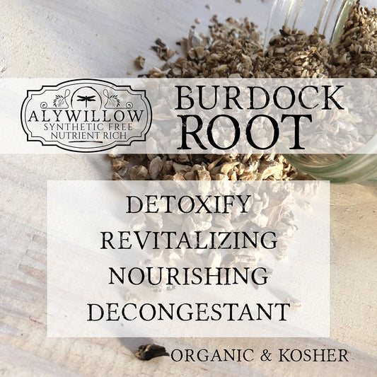 Burdock root with a label indicating it is organic and kosher, and mentions its health benefits.