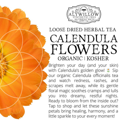 Advertisement for Alywillow Calendula Flowers tea with a close-up of an orange calendula flower.