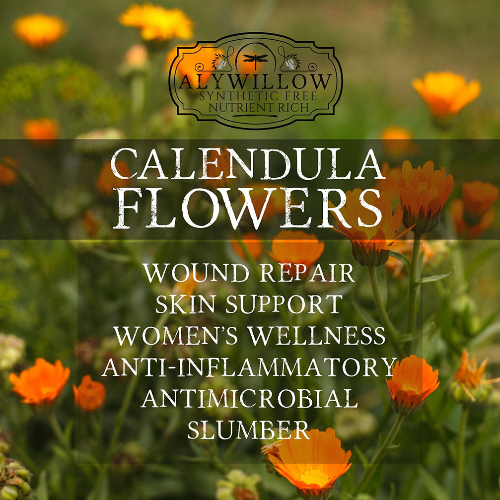 Calendula flowers with Alywillow brand logo and product benefits text.