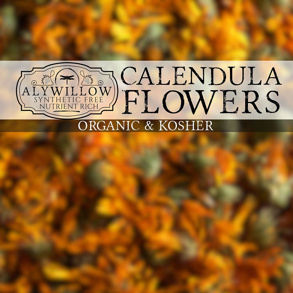 Calendula flowers with Alywillow brand label on a blurred background