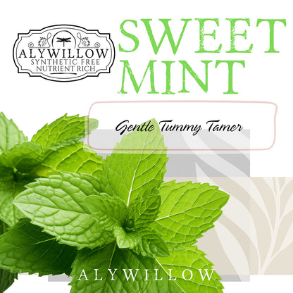 Alywillow Sweet Mint product with mint leaves and branding on a white background