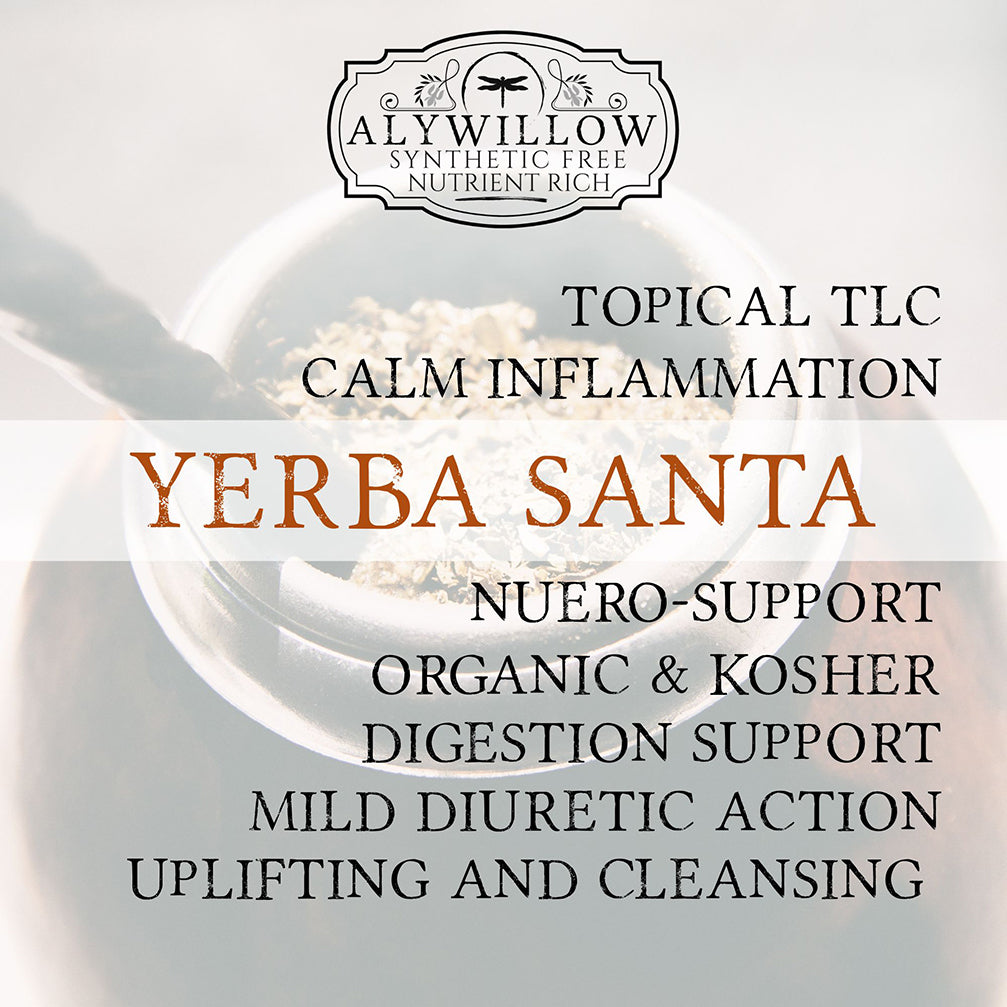 Yerba Santa product with Alywillow branding and text about its benefits.