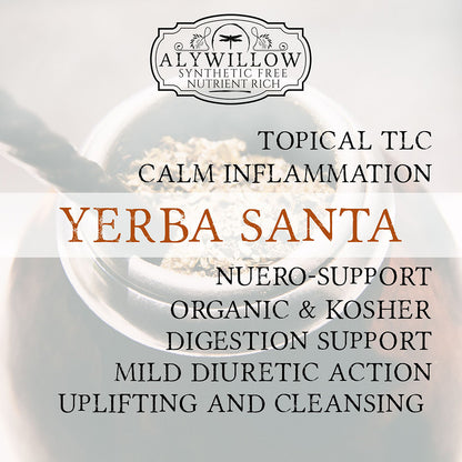 Yerba Santa product with Alywillow branding and text about its benefits.